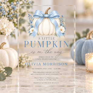 Little Pumpkin Blue Bow Boy Baby Shower Acrylic Invitations