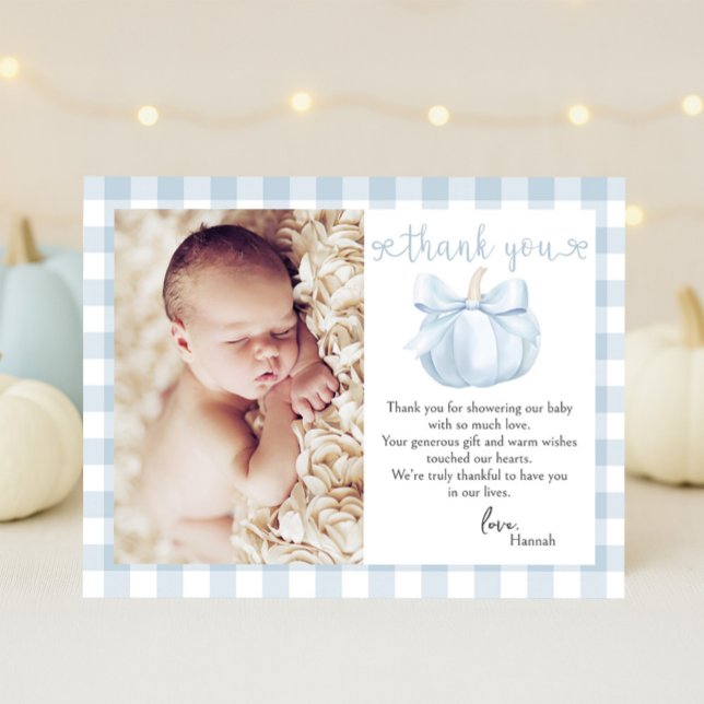 Little Pumpkin Blue Bow Photo Baby Shower Thank You Card (Creator Uploaded)