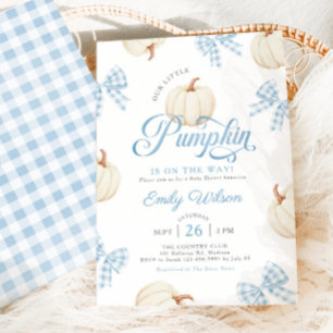 Little Pumpkin Blue Bows Gingham Baby Shower Invitation