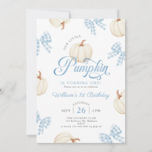 Little Pumpkin Blue Bows Gingham Boys 1st Birthday Invitation