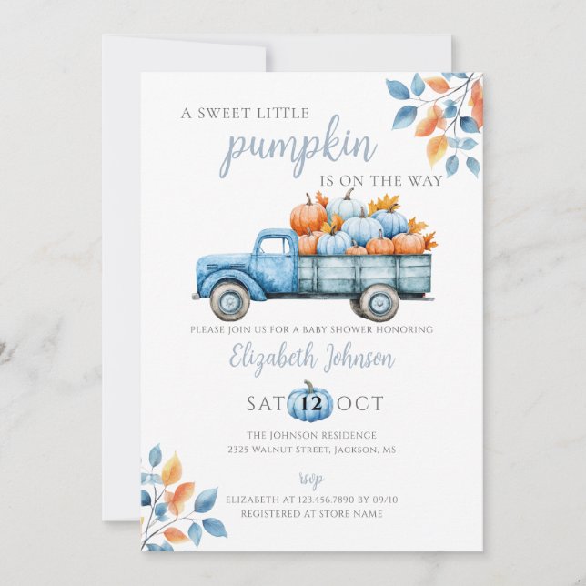 Little Pumpkin Blue Boy Baby Shower All In One Invitation (Front)