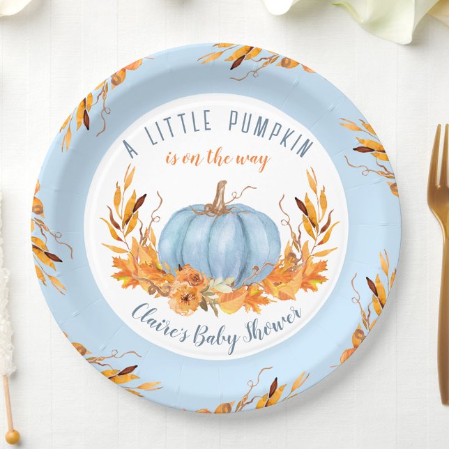 Little Pumpkin Blue Fall Autumn Boy Baby Shower Paper Plate (Little Pumpkin Blue Baby Shower Paper Plates)
