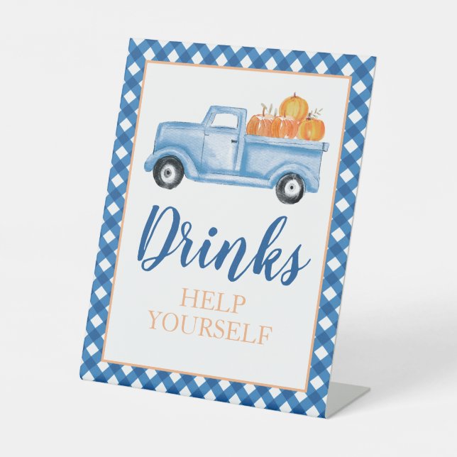 Little Pumpkin blue Fall Birthday drink Pedestal Sign (Front)