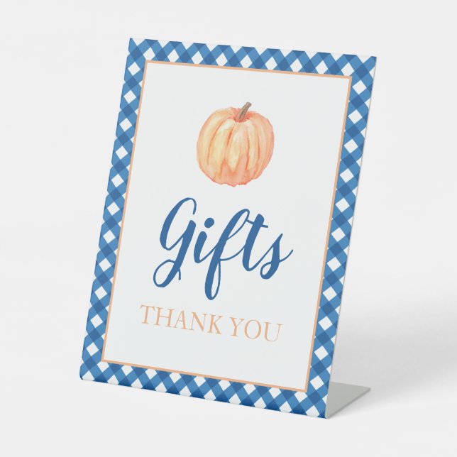 Little Pumpkin blue Fall Birthday Gifts Pedestal Sign (Front)
