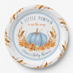 Little Pumpkin Blue Fall Boy Baby Shower Paper Plate