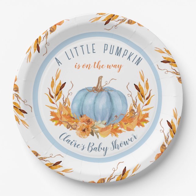 Little Pumpkin Blue Fall Boy Baby Shower Paper Plate (Front)