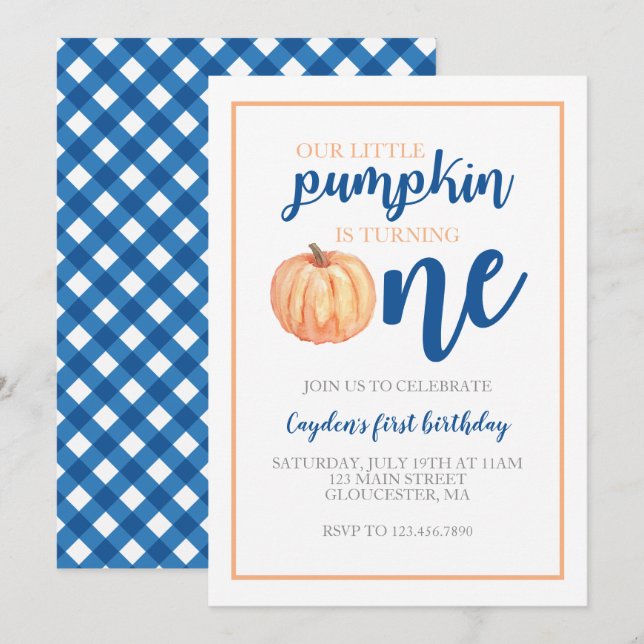 Little Pumpkin Blue Fall First Birthday Invitation (Front/Back)