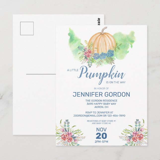 Little Pumpkin Blue Floral Baby Shower Invitation Postcard (Front/Back)