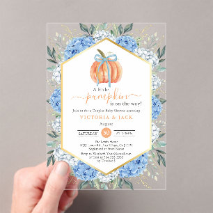 Little Pumpkin Blue Floral Leaves Fall Baby Shower Acrylic Invitations