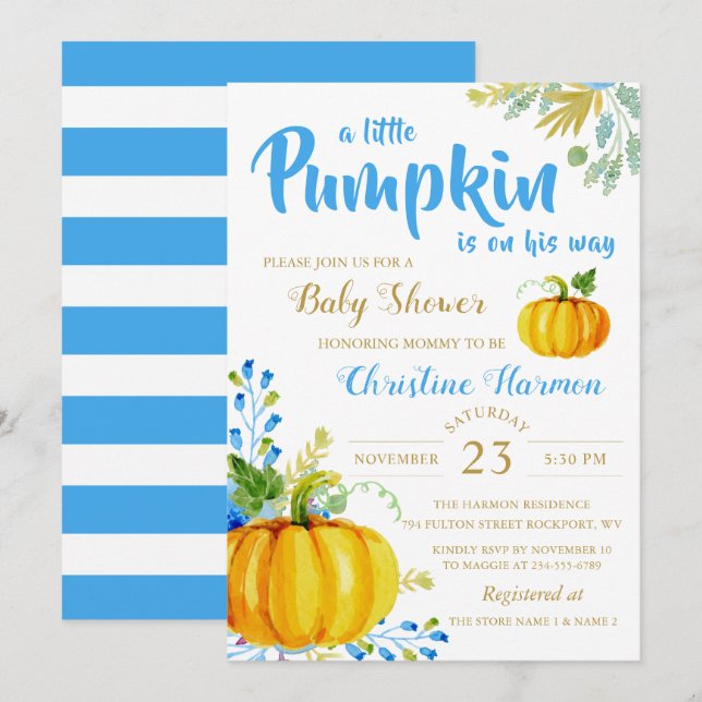 Little Pumpkin Blue Garden Baby Shower Invitation (Front/Back)