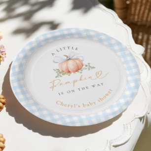 Little Pumpkin Blue Gingham Baby Shower Paper Plate