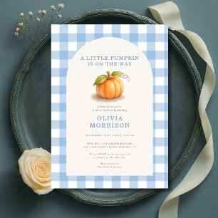 Little Pumpkin Blue Gingham Boy Baby Shower Invitation