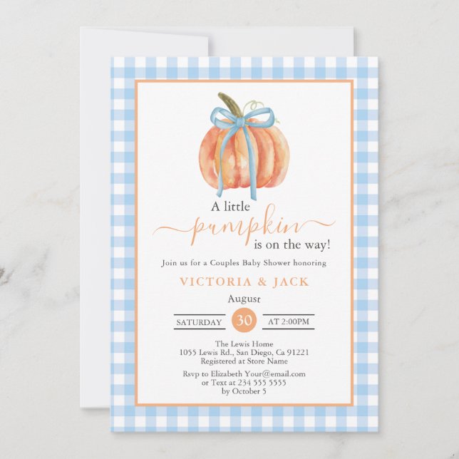 Little Pumpkin Blue Gingham Fall Baby Shower Invitation (Front)