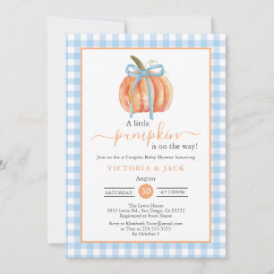 Little Pumpkin Blue Gingham Fall Baby Shower Invitation