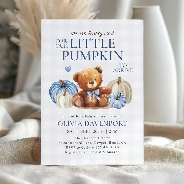 Little Pumpkin Blue Gingham Fall Boy Baby Shower Invitation (Creator Uploaded)