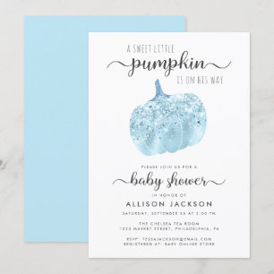 Little Pumpkin Blue Glitter Sparkle Baby Shower Invitation
