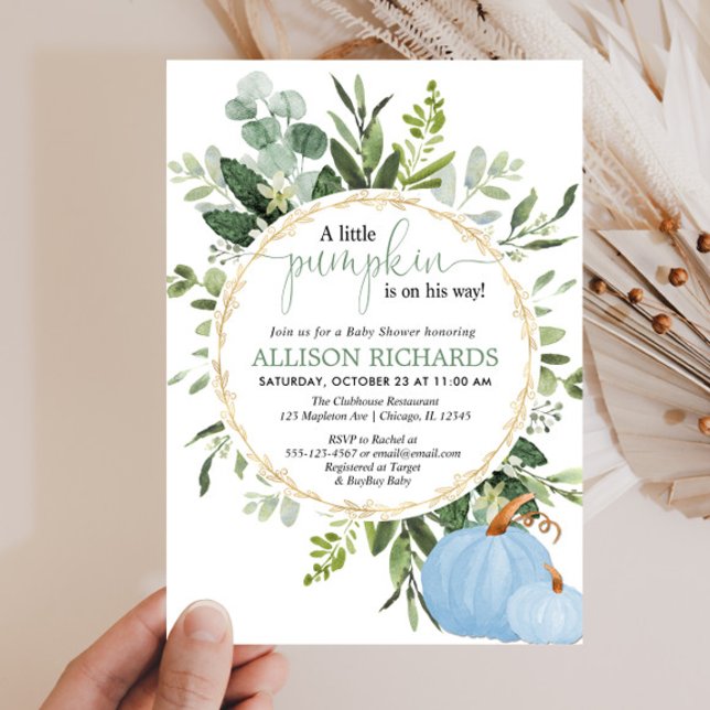 Little pumpkin blue greenery boy baby shower invitation (Creator Uploaded)