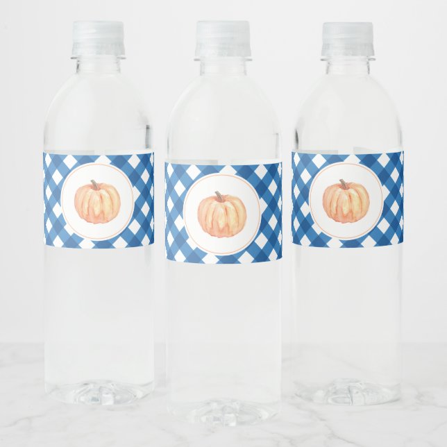 Little Pumpkin blue plaid first birthday Water Bottle Label (Bottles)