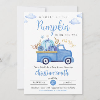 Little Pumpkin Blue Rustic Truck Baby Boy Shower Invitation