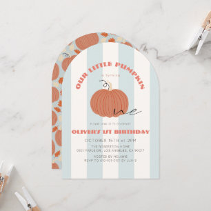 Little Pumpkin Blue Stripes Boy 1st Birthday Invitation