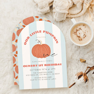 Little Pumpkin Blue Stripes Boy 1st Birthday Invitation