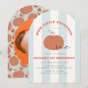 Little Pumpkin Blue Stripes Boy Photo 1st Birthday Invitation
