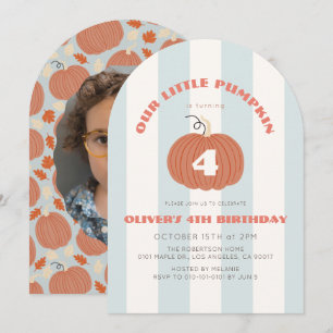 Little Pumpkin Blue Stripes Boy Photo Birthday Invitation