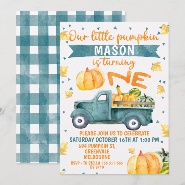 Little Pumpkin Blue Truck 1st Birthday Invitation (Front/Back)