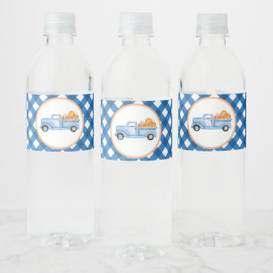 Little Pumpkin blue truck and plaid first birthday Water Bottle Label