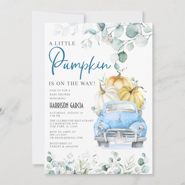 Little Pumpkin Blue Truck Baby Shower Invitation (Front)