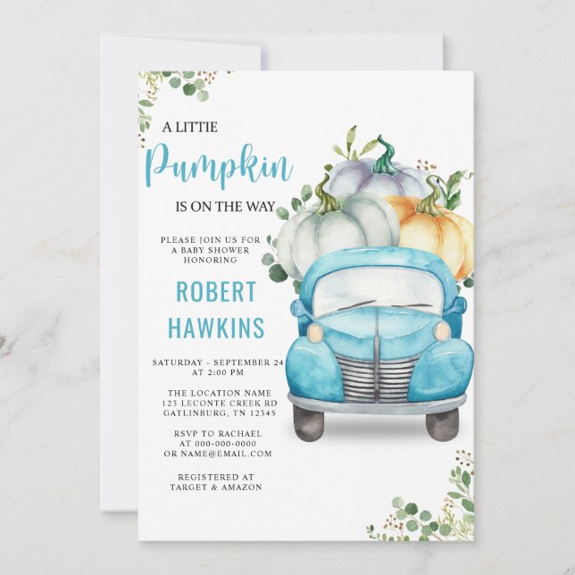 Little Pumpkin Blue Truck Baby Shower Invitation (Front)