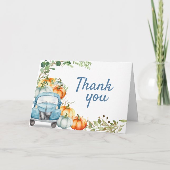 Little Pumpkin Blue Truck Baby Shower  Thank You Card (Front)