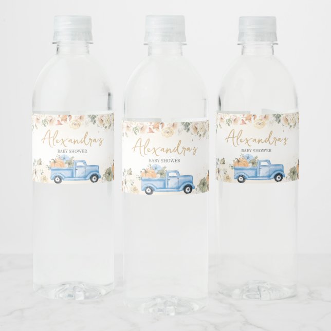 Little Pumpkin Blue Truck Baby Shower Water Bottle Label (Bottles)