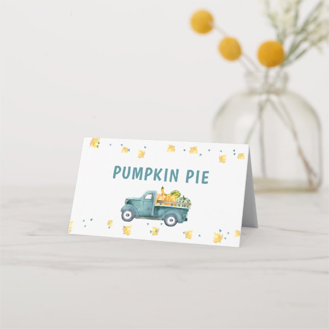Little Pumpkin Blue Truck Birthday Food tent Or  Place Card (Front)