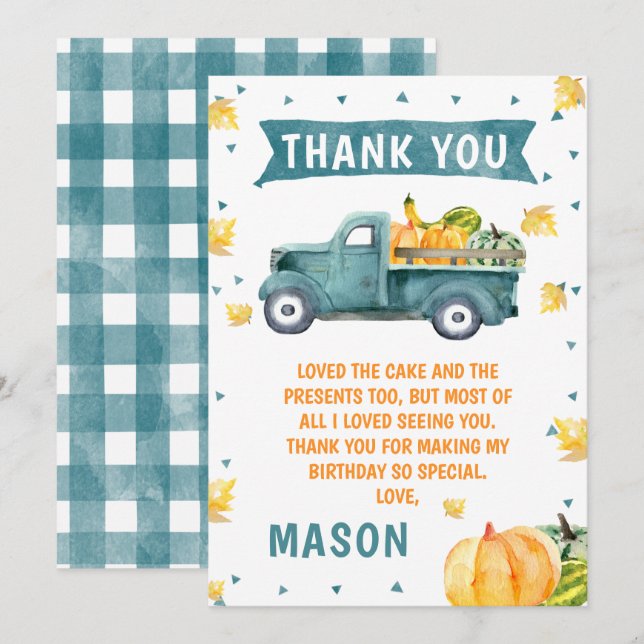 Little Pumpkin Blue Truck Birthday Thank You Card (Front/Back)