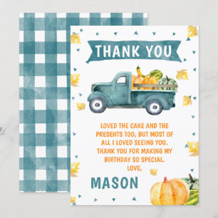 Little Pumpkin Blue Truck Birthday Thank You Card