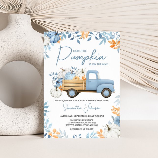 Little Pumpkin Blue Truck Fall Baby Shower Invitation (Blue Little Pumpkin Truck Fall Baby Shower Invitation)