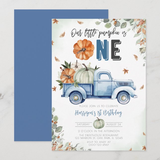Little Pumpkin Blue Truck First Birthday Invitation (Front/Back)
