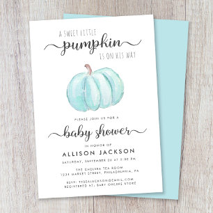 Little Pumpkin Blue Watercolor Baby Boy Shower Invitation