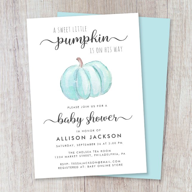Little Pumpkin Blue Watercolor Baby Boy Shower Invitation (Celebrate the upcoming arrival of your autumn baby boy with a pumpkin-themed baby shower)