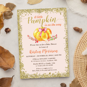 Little Pumpkin Blush Gold Glitter Fall Baby Shower Invitation