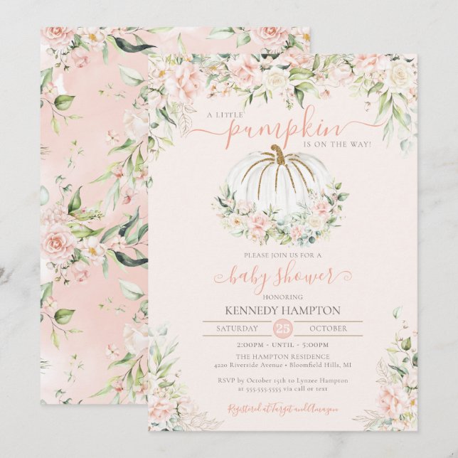 Little Pumpkin Blush Pink Floral Fall Baby Shower  Invitation (Front/Back)
