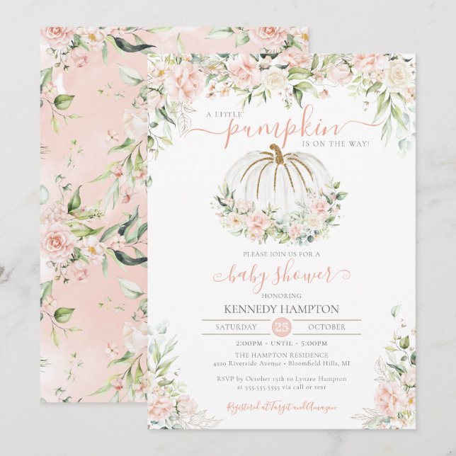 Little Pumpkin Blush Pink Floral Fall Baby Shower Invitation (Front/Back)
