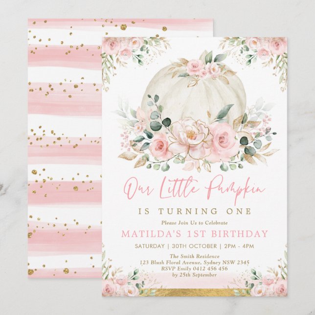 Little Pumpkin Blush Pink Floral Fall Birthday Invitation (Front/Back)