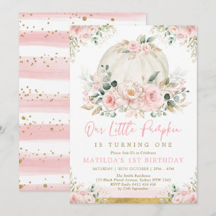 Little Pumpkin Blush Pink Floral Fall Birthday Invitation