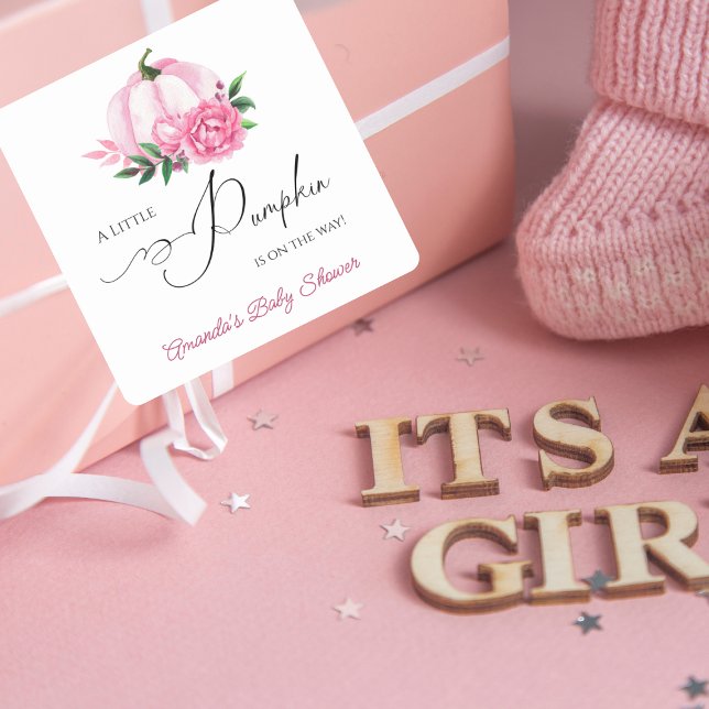 Little Pumpkin Blush Pink Rustic Baby Shower Square Sticker (Creator Uploaded)