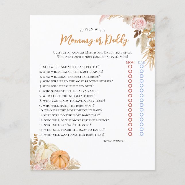 Little Pumpkin Boho Fall Floral Baby Shower Game (Front)