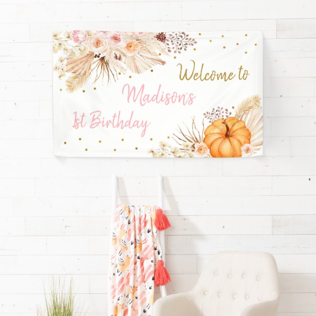 Little Pumpkin Boho Floral Birthday Banner (Insitu)