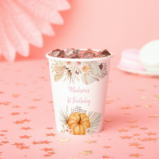 Little Pumpkin Boho Floral Birthday Paper Cups (Insitu)