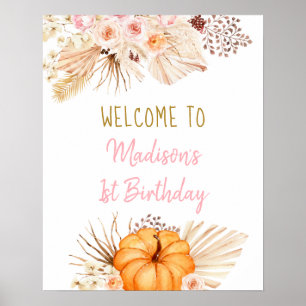 Little Pumpkin Boho Floral Birthday Welcome Poster